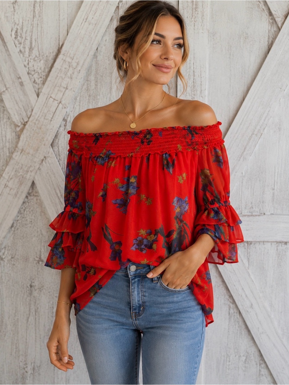CeCe Red Off-Shoulder Floral BoHo Ruffle Sleeve Blouse
